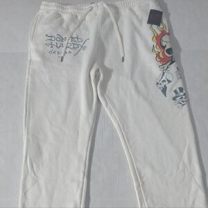 Ed Hardy White Flaming Skull And Dagger Sweatpants with Colorful Graphics Size L